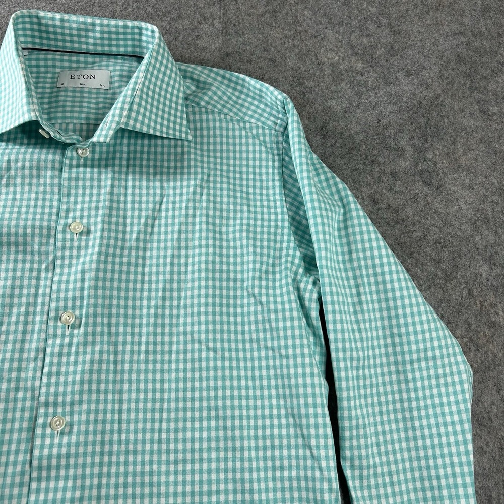 ETON Slim Fit Shirt Mens 42 16.5 Green Gingham Plaid Cotton Mitered Cuff - Picture 5 of 10